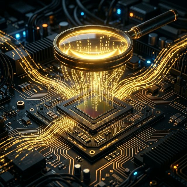 Glowing magnifying glass hovering over a computer microchip revealing streams of EXIF image data code