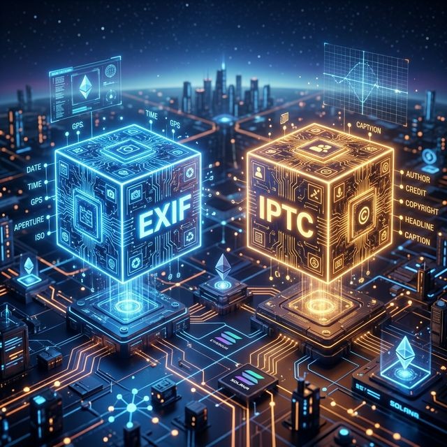 Epic 3D render comparing two distinct glowing neon data cubes labeled EXIF and IPTC