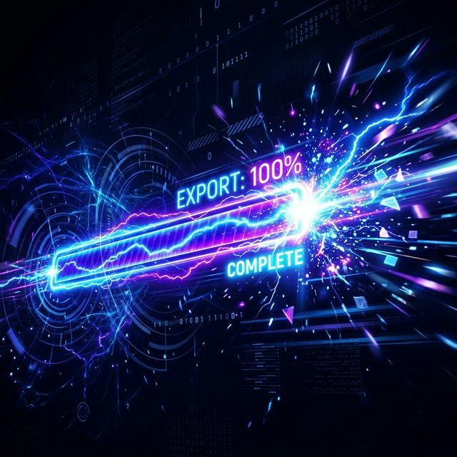 Abstract futuristic rendering of an export progress bar completing at lightning speed in vivid neon colors