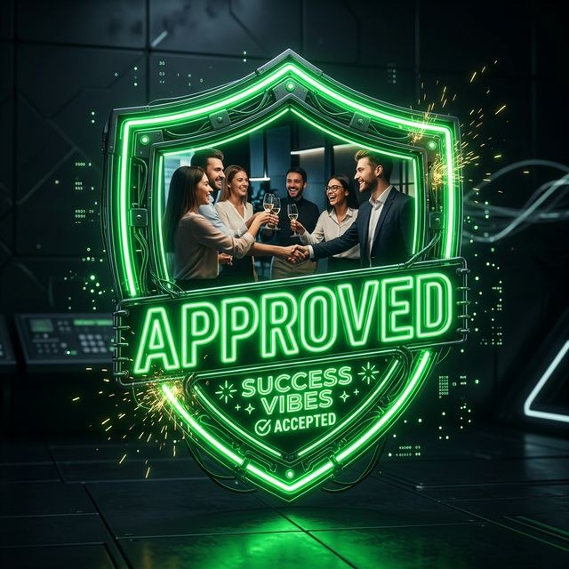 Beautiful photograph glowing with a massive green neon shield labeled APPROVED