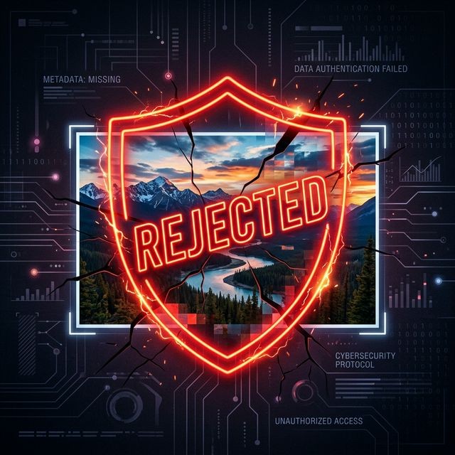 Dramatic dark mode illustration of a photograph blocked by a glowing red neon REJECTED shield