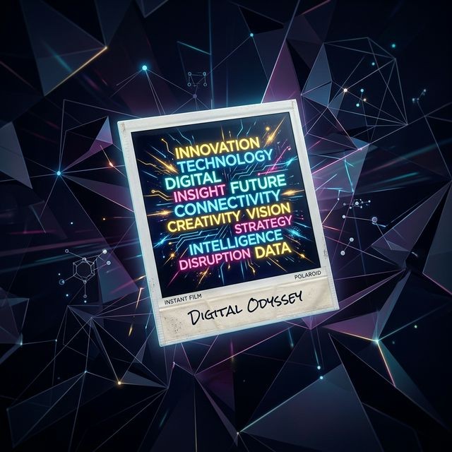 Conceptual illustration of digital glowing keywords embedded inside a polaroid picture