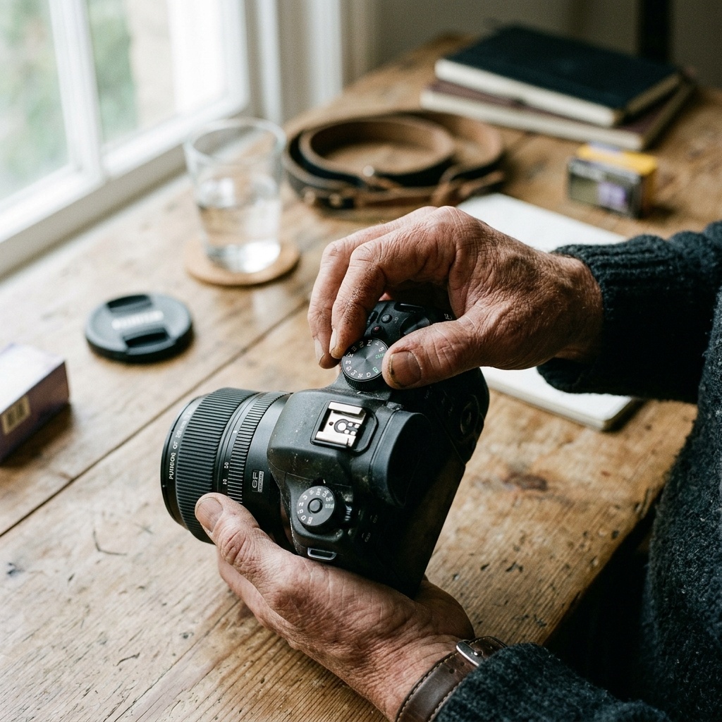 Professional photographer's hands holding a high-end digital camera, selective focus