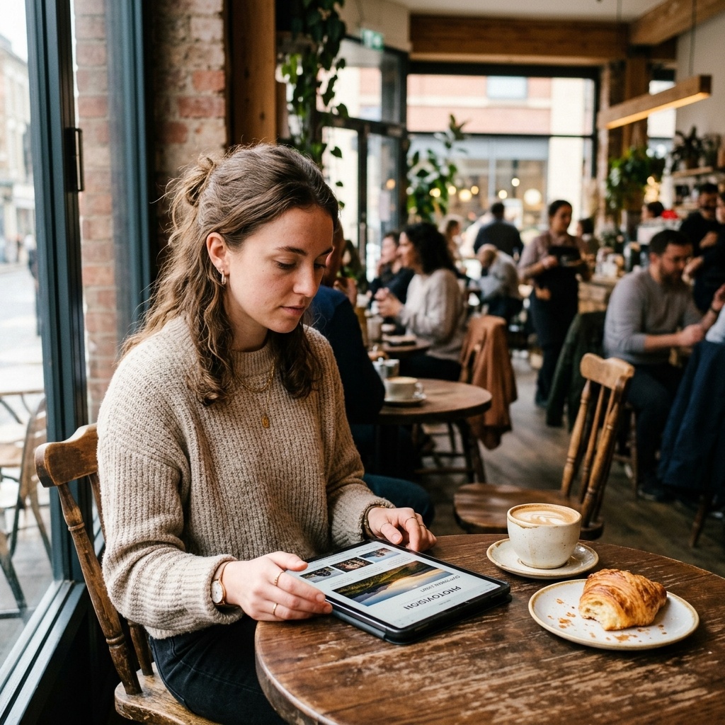 Professional business traveler looking at a photography portfolio on a tablet