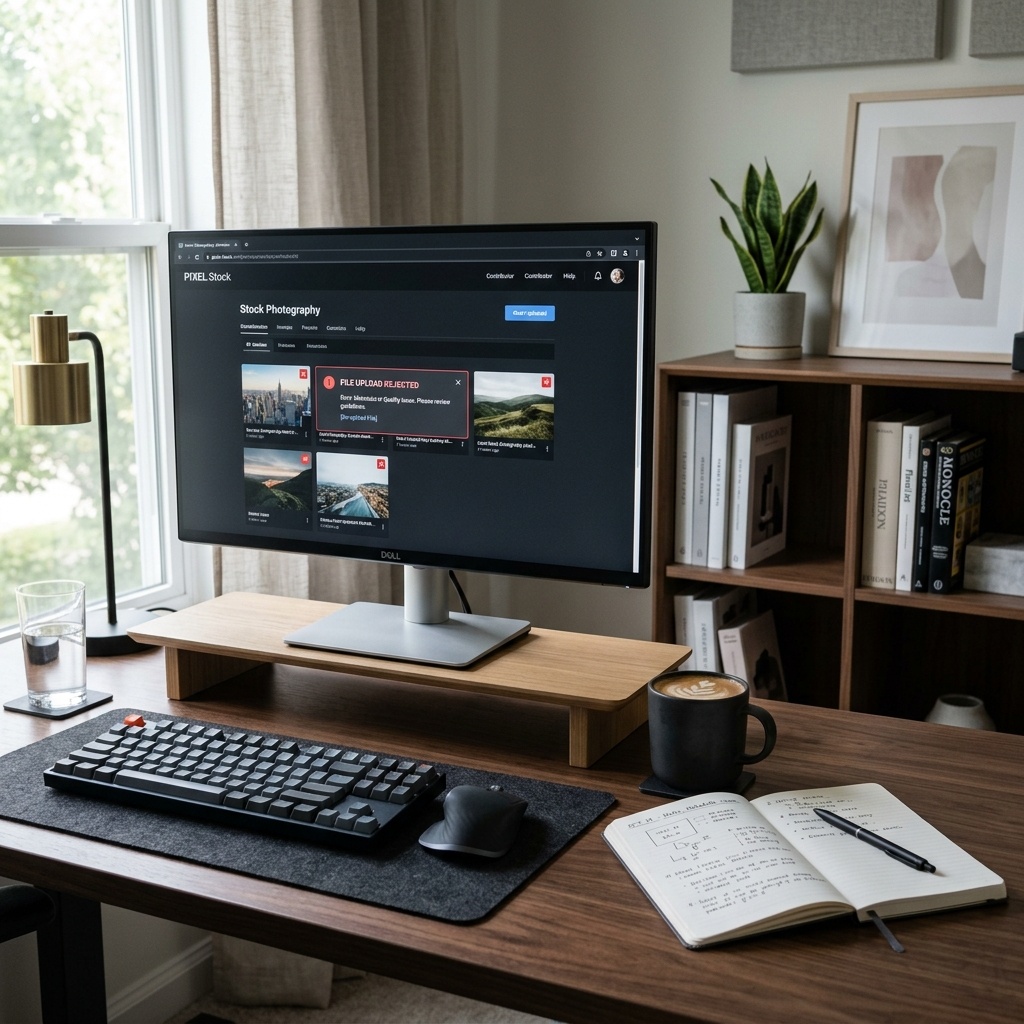 Large monitor showing file rejection notification in a creative studio space